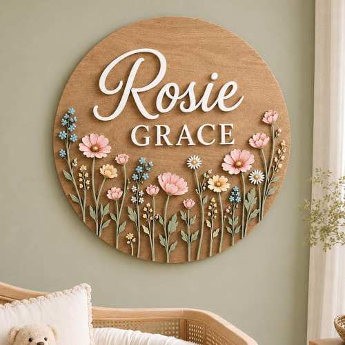 Personalized Wildflower Name Sign, Custom Round Wooden Name Plaque, Floral Nursery Decor, Boho Baby Girl Room Decor, New Baby Gift