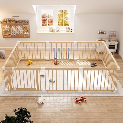 Extra Large Wooden Baby Playpen - Size Adjustable Fence for Babies and Toddlers, Baby Play Yard with Locking Gate, Indoor Play Pen for Kids Activity Center 94.5”×63.5”