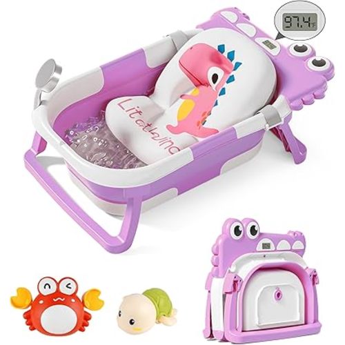 TPN Collapsible Baby Bathtub for Infants to Toddler with Real-time Temp Monitor+Floating Cushion,Foldable Baby Bath Tub Set Applicable 0-36 Month,Perfect Portable Travel Baby Tub for Newborns Boy