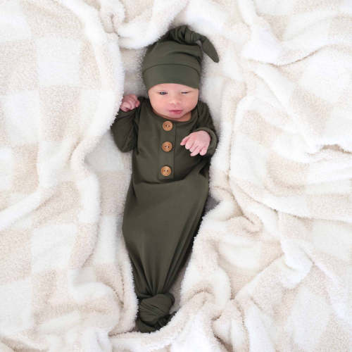Solid Olive Bamboo Baby Knot Gown & Hat