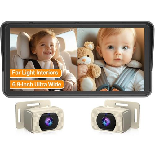 Yakry 2-Kids Baby Car Camera for Seat: 6.9 Inch Split-Screen Display with 2 Cameras Rear Facing - HD 1080P, IR Night Vision, Easy to Install Backseat Camera with 150°Wide Angle White