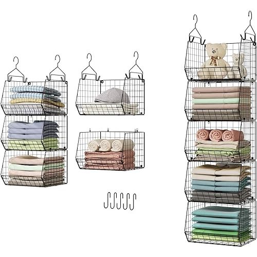 5 Tier Closet Hanging Organizer, Clothes Hanging Shelves with 4 Hanging Hooks 5 S Hooks, Wire Storage Basket Bins, for Clothing Sweaters Shoes Handbags Clutches Accessories Patent Design