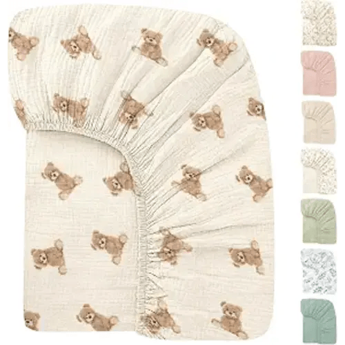 Organic Crib Sheets Fitted Crib Mattress Sheet 52x28 Inches 100% Muslin Cotton for Baby Girls & Boys, Soft Boho Neutral Toddler Bedding Bed Sheets Fits Well Standard Size Crib Mattress 28x52 Inches