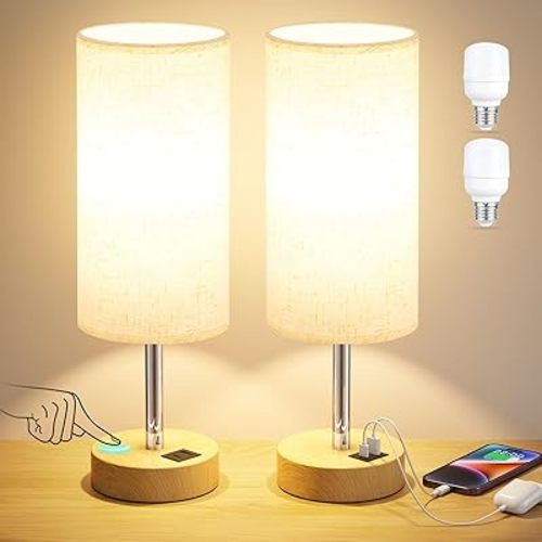 Touch Bedside Lamps Set of 2-3 Way Dimmable Table Lamps for Bedroom, Nightstand Lamp with Wooden Charging Station for Kids Room Dorm, Small Desk Lamp for Living Room, Office, Kids Room, Nursery