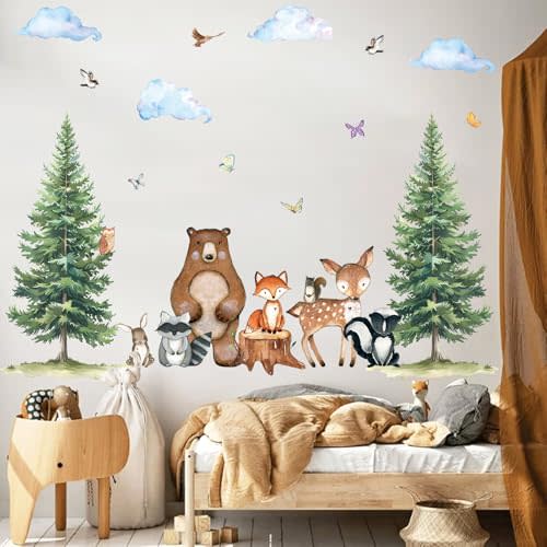 Uflashmi Woodland Nursery Wall Decor Decal, Woodland Forest Animal Wall Stickers for Baby Nursery Bedroom Kids Room Decor