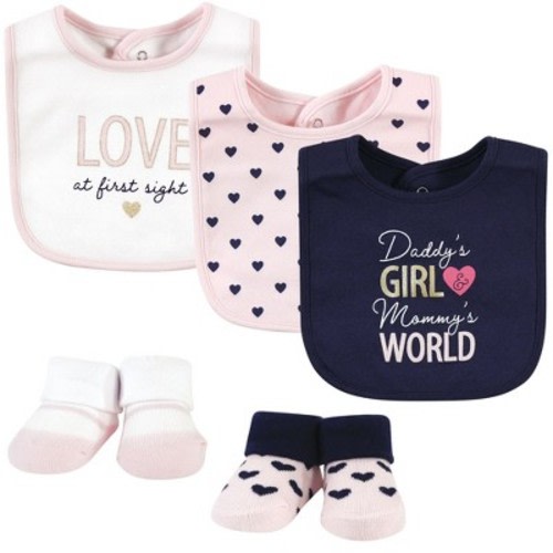 Hudson Baby Infant Girl Cotton Bib and Sock Set, Love At First Sight, 0-9 Months