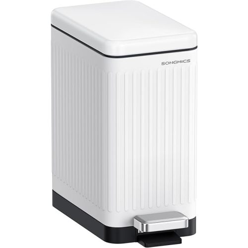 SONGMICS Bathroom Trash Can, 2.6-Gallon (10 L) Trash Bin with Lid, Slim for Small Spaces, Stainless Steel Garbage Can, Soft Close, White ULTB562W01
