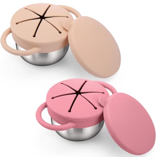 BUSOHA 2 Pack Stainless Steel Toddler Snack Cups - 9 OZ Spill-Proof Baby Snack Containers with Silicone Catcher and Lid Travel Snack Containers for Kids Dishwasher Safe Food Grade Silicone
