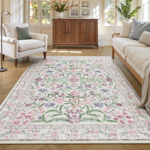Lahome 5'x7' Washable Area Rug for Living Room with Non Slip Backing,Traditional Boho Rug,Low Pile Lightweight Carpet,Floral Print Mat,Better Home,Washable Machine for Bedroom,Purple