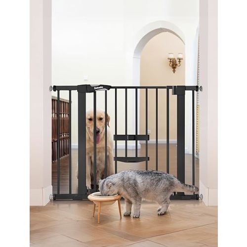 BABELIO New Version Baby Gate with Cat Door, 29-40" Metal Dog Gate for Stairs & Doorways, Pressure Mounted Safety Gate with Pet Door, NO Tools Needed, Black
