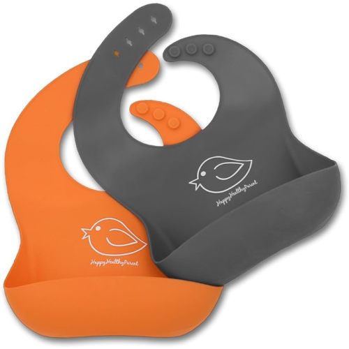 Happy Healthy Parent Silicone Baby Bibs Easily Wipe Clean - Comfortable Soft Waterproof Bib Keeps Stains Off, Set of 2 Colors - Orange / Gray
