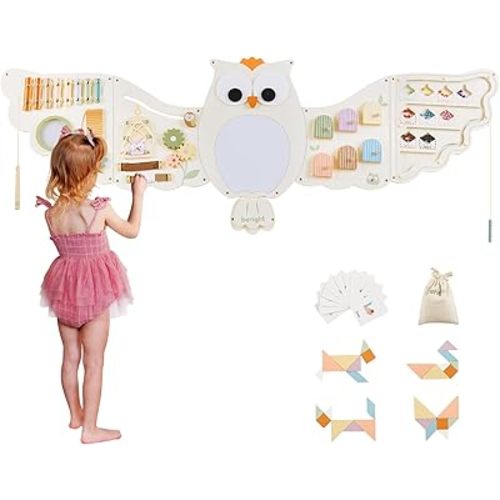 Beright Owl Activity Wall Busy Board Panels, Montessori Sensory Toys, Toddler Learning Activity Center, Perfect for Toddler Playroom & Children's Daycare, White