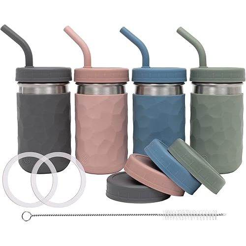 WeeSprout 2-in-1 Drinking Cups for Kids, Durable Stainless Steel Tumbler for Smoothies, Silicone Straws with Stoppers, Premium Plastic Twist Lids, Easy-Grip Sleeves, Set of 4 Dishwasher Safe Kid Cups