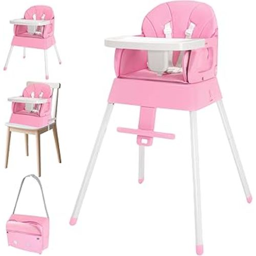 4-in-1 Baby High Chair, Convertible Highchair for Babies and Toddlers, Portable High Chair with Foldable Design, Booster Seat for Kitchen, Dining & Outdoor Use, Easy to Clean & Storage(Pink)