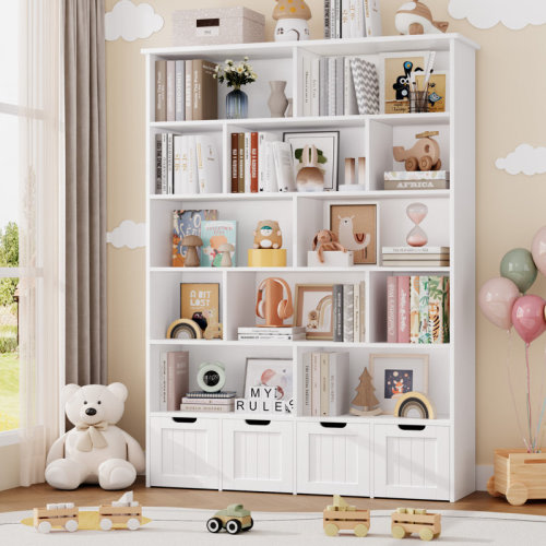 Harriet Bee 🧸 Kirklyn 6-Tier Kids Bookshelf & Toy Organizer | 4 Movable Drawers + 12 Cubbies | Sturdy Playroom Storage for Toddlers & Reviews | Wayfair