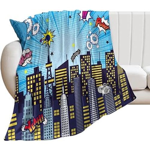 Modern Graffiti Superhero Theme Blankets Soft Cozy Bedding Flannel Blanket Cool Teen Cartoon Comic Style City Superhero Print Blanket Super Soft Bedroom Sofa Throw-30W x40L
