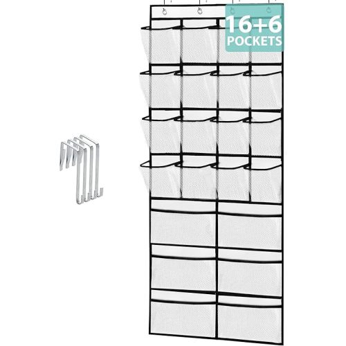 Over the Door Shoe Organizer, Hanging Shoe Rack, Back Door Shoe Storage Organizer wtih 2 Style Sturdy Breathable Ventilated Visible Mesh Pockets and 4 Metal Hooks for Nursery, Bedroom, Living Room