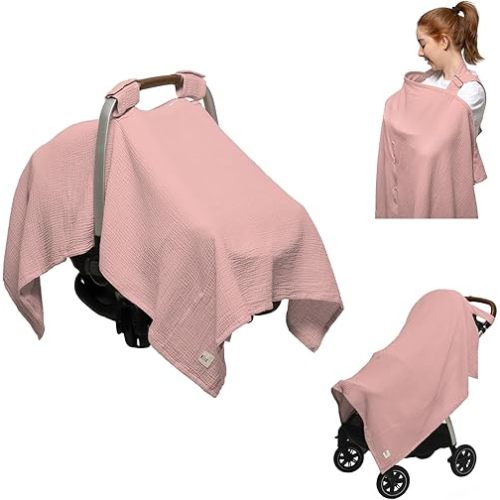 Nilsa 5-in-1 Muslin Nursing Cover up for Breastfeeding & Baby Car Seat Cover - Breathable Breastfeeding Cover With Rigid Hoop - 100% Cotton Privacy Apron Breast Feeding Covers For Women (Blush)