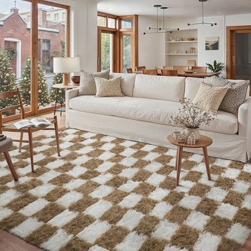 PureCozy 6x6 Round Rugs for Living Room Brown Soft Shag Checkered Large Rug Modern Washable Indoor Office Fuzzy Carpet Non-Slip Fluffy Rugs for Bedroom Nursery Dorm Playroom Home Aesthetic Decor
