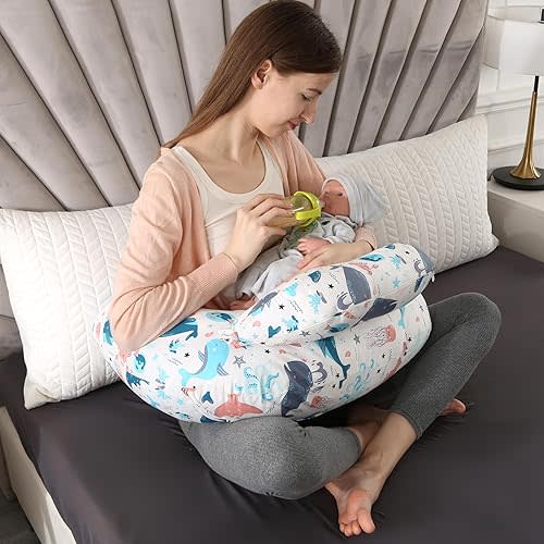 Nursing Pillow for Breastfeeding,Ergonomic Baby Feeding Pillows with Removable Washable Cotton Slipcover, Adjustable Waist Strap,Plus Size,More Support for Mom and Baby(Underwater World) 新品