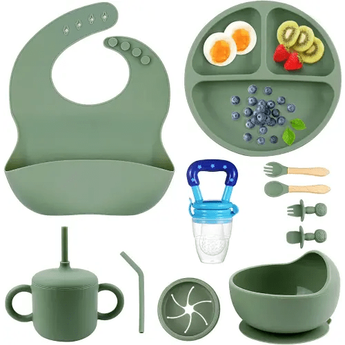Silicone Baby Feeding Set, Baby Feeding Essentials, Baby Suction Bowl, Plates, Bib, Spoons set, Baby Led Weaning Supplies to Develop Self-feeding Skills, Dishwasher Safe (Green)