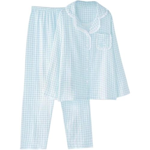 Womens Gingham Pajama Sets Cotton Pj Set Long Sleeve Eyelet Ruffle Trim Shirt and Pants 2 Piece Cute Pjs