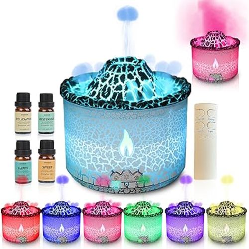 BOHOFAM Essential Oil Diffuser 360ML,Volcano and Flame Diffuser/Humidifier 2 Mode,Diffusers for Home with 7 Colorful Light,Included 4 Hotel Collection Diffuser Oil for Bedroom(White Translucent)