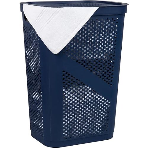 Mind Reader 60L Slim Laundry Hamper, Clothes Basket, Lid, Ventilated, Plastic, 17.25"L x 13.75"W x 23.5"H, Navy