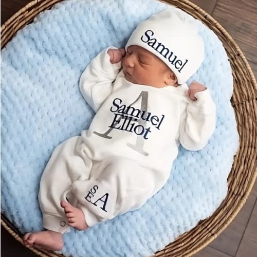Personalized Embroidery Monograms Baby Coming Home Romper and Hat Set | CWBaby160
