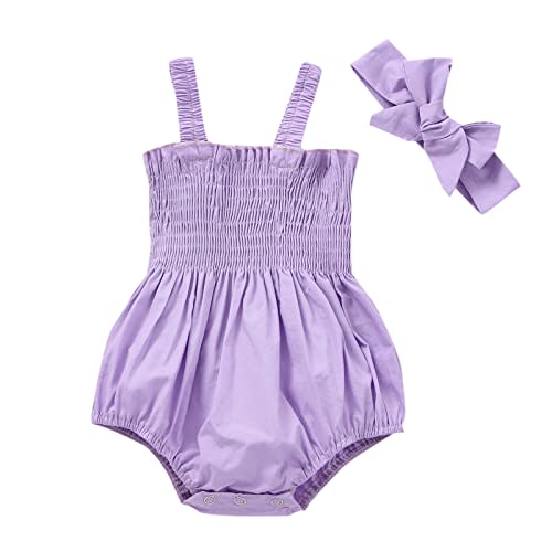 Infant Baby Girl Summer Outfit Clothes Sleeveless Smocked Cotton Linen Romper with Headband
