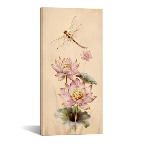 KREATIVE ARTS Dragonfly and Lotus Canvas Prints Wall Art – 20"x40" Vertical Framed Traditional Chinese Painting for Bedroom, Kids Room, Living Room – Modern Water-Lily Artwork Décor