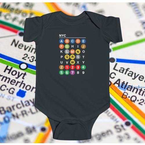 NYC Subway Alphabet Onesie, New York City Baby Bodysuit, Unique Newborn Gift, A-Z Numbers 1-9, NYC Train Line Colors, Baby Shower Gift