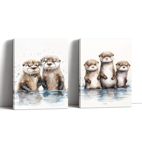 Sea Otter Canvas Wall Art 2 Piece Watercolor Otter in Water Picture Cute Animal Paintings Prints for Kids Room Nursery Bathroom Decor Framed - 11"x14"x2P