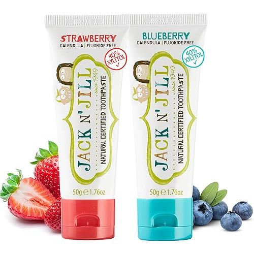 Jack N' Jill Natural Toddler Toothpaste for Baby, Kids and Infants 6 Months & Up, Fluoride Free Training Toothpaste for Toddlers 1-3, 40% Xylitol, BPA Free - Strawberry & Blueberry, 1.76 oz (2 Pack)
