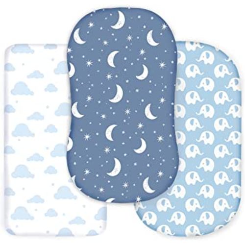 100% Organic Cotton Jersey Fitted Bassinet Sheets for Boy. 3 Pk Adapts to Oval, Hourglass & Rectangle Shaped Bassinet Pads. Fits Halo, Snoo, Graco, and Most other Standard Size Bassinets.