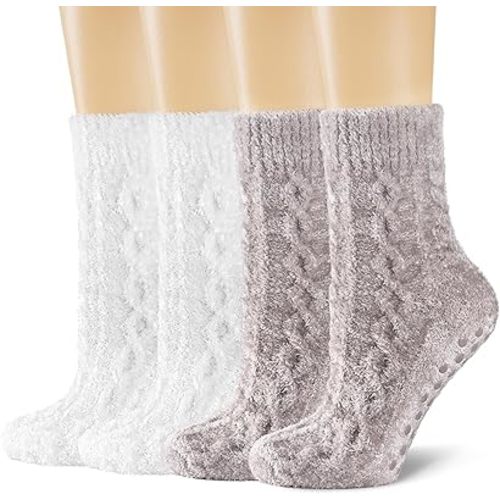 Fuzzy Socks with Grips for Women Cozy Warm Winter Plush Non Slip Home Socks with Cable Knit Pattern 2 Pairs