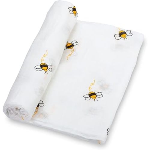 LollyBanks Baby Blanket, 100% Cotton Muslin Swaddle Blankets for Boys and Girls, Large 47 x 47 Inches Newborn Blanket, Soft and Breathable Baby Swaddle, Newborn Essentials, Registry (Bee Print)