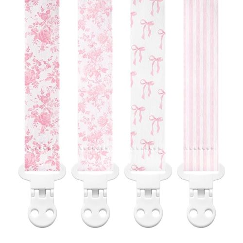 Stadela Baby Fabric Pacifier Clip Holder, Plastic Clip, 4‑Pack, Toile de Jouy Pattern, Giselle Set