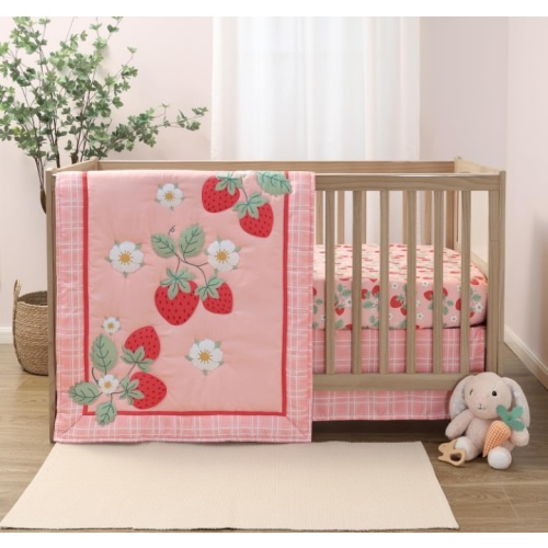 The Peanutshell Strawberry Sweet 3-Piece Baby Girl Crib Bedding Set – Pink Nursery Bedding, Crib Comforter & Decor for Newborns and Toddlers