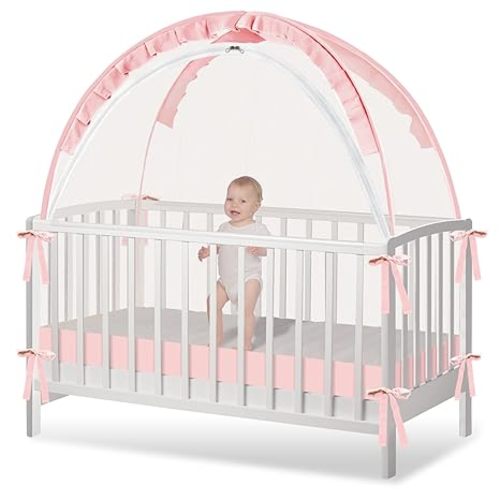 Crib Tent - Crib Net to Keep Baby in, Stop Baby from Climbing Out of Crib, Pop Up Crib Tent with Durable Breathable Net Double Zipper Strong Rods Installation Convenience