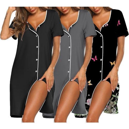 Ekouaer Nightgowns for Women 3 Pack Sleep Shirts Button Down Pajama Dress Short Sleeve Nightshirt Sleepwear Nightdress