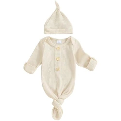 BULINGNA Newborn Baby Boys Girls Knotted Gown with Hat Set, Unisex Infant Nightgown with Mittens Sleepwear One Piece Pajamas
