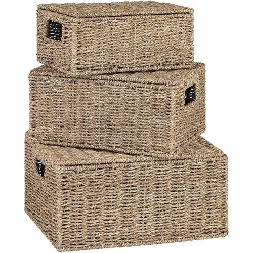 Wicker Storage Baskets with Lid, Hand-Woven Rectangular Wicker Basket with Lid for Bedroom & Living Room, Nesting Rattan Basket with Lid for Shelves (Seagrass, Set of 3）