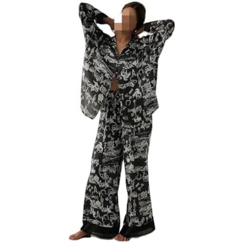 Womens Y2k Silk Pajama Sets Floral Print Long Sleeve Button Down Shirts Wide Leg Pants 2 Piece Lounge Sets