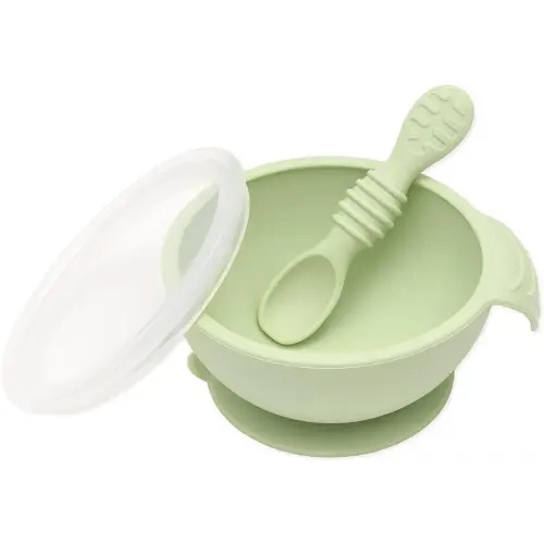 Bumkins Baby Bowl, Silicone Feeding Set with Suction for Baby and Toddler, Includes Spoon and Lid, First Feeding Set, Training Essentials for Baby Led Weaning for Babies 4 Months Up, Sage