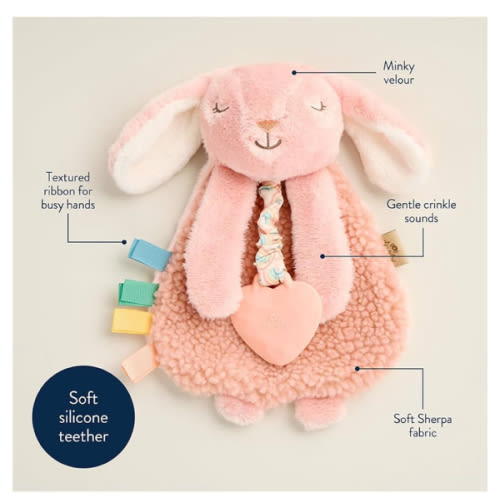 Itzy Ritzy - Itzy Lovey Including Teether - Baby Lovey with Teether, Textured Ribbons & Dangle Arms - Features Crinkle Sound, Sherpa Fabric and Minky Plush (Pink Bunny)