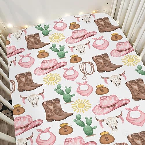 Cute Pink Western Cowgirl Baby Crib Sheets for Girl 28"x52" Cowgirl Boots Hat Cactus Skull Sun Soft Snug Fitted Crib Mattress Cover Wild West Desert Baby Sheet for Standard Crib & Toddler Mattress