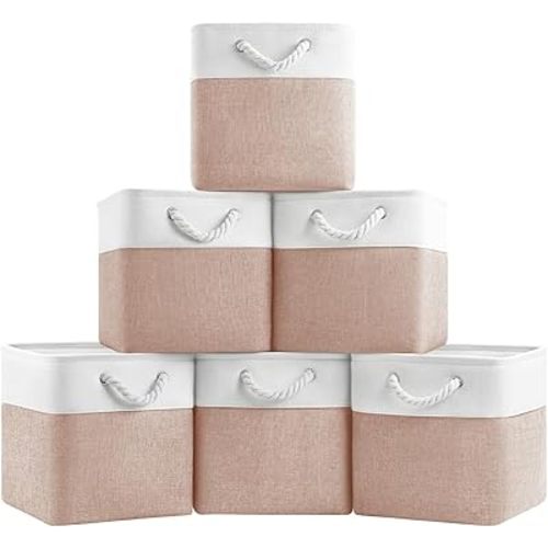 11x11 Cube Storage Bins, 6 Pack Foldable Fabric Organizer Bins with Rope Handles, Storage Cubes for Organizing Bedroom, Living Room, Clothes and Toys, Shelves and Closet (White & Pink)