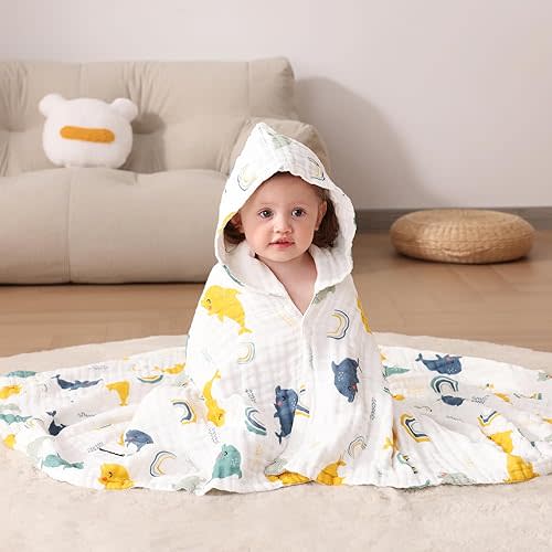 Muslin Hooded Baby Towels, Ultra Soft & Absorbent Baby Bath Towels, Bath & Beach Essentials, Shower Gifts for Babies, Infant, Toddler and Kids - Large 43x43 Inch (Dolphin)