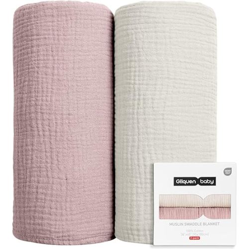 GLLQUEN BABY Muslin Swaddle Blankets for Girls, 2-Pack Organic Baby Blankets for Girl Boy, Newborn Receiving Blanket, Baby Swaddle Blanket Unisex, Baby Essentials, Registry & Gift